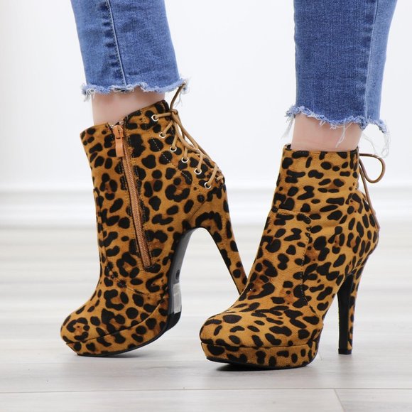 Leopard Back Lace Suede Heeled Ankle platform Boot - Picture 12 of 12